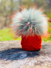 Load image into Gallery viewer, MADE TO ORDER Fun and silver sage light blue with firey long orange cream tipped tips faux fur pom pom with wooden button