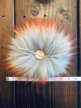 Load image into Gallery viewer, MADE TO ORDER Fun and silver sage light blue with firey long orange cream tipped tips faux fur pom pom with wooden button