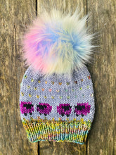Load image into Gallery viewer, MADE TO ORDER Fun and funky rainbow blue purple faux fur pom pom with wooden button
