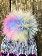 Load image into Gallery viewer, MADE TO ORDER Fun and funky rainbow blue purple faux fur pom pom with wooden button