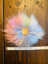 Load image into Gallery viewer, MADE TO ORDER Fun and funky rainbow blue purple faux fur pom pom with wooden button