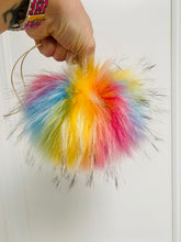 Load image into Gallery viewer, MADE TO ORDER Fun and funky rainbow with black tips faux fur pom pom with wooden button
