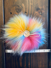 Load image into Gallery viewer, MADE TO ORDER Fun and funky rainbow with black tips faux fur pom pom with wooden button
