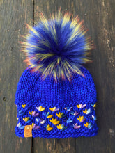 Load image into Gallery viewer, MADE TO ORDER Fun and funky blue with firey long yellow with orange tipped tips faux fur pom pom with wooden button
