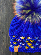 Load image into Gallery viewer, MADE TO ORDER Fun and funky blue with firey long yellow with orange tipped tips faux fur pom pom with wooden button