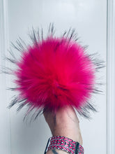 Load image into Gallery viewer, MADE TO ORDER Fun and funky hot pink with black tips faux fur pom pom with wooden button