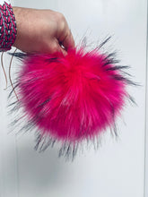 Load image into Gallery viewer, MADE TO ORDER Fun and funky hot pink with black tips faux fur pom pom with wooden button