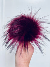 Load image into Gallery viewer, MADE TO ORDER Fun and funky merlot wine maroon with long black tips faux fur pom pom with wooden button