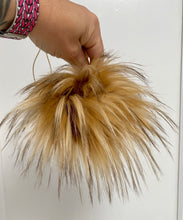 Load image into Gallery viewer, MADE TO ORDER BLONDIE Fun and funky brown blonde with long dark brown tip faux fur pom pom with wooden button