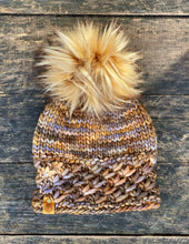 Load image into Gallery viewer, MADE TO ORDER BLONDIE Fun and funky brown blonde with long dark brown tip faux fur pom pom with wooden button