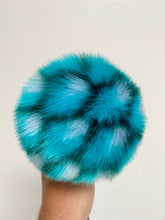 Load image into Gallery viewer, MADE TO ORDER Fun and funky snake like print teal faux fur pom pom with wooden button