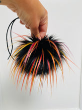 Load image into Gallery viewer, MADE TO ORDER Fun and funky black with long tips of yellow, red, pink, orange and purple faux fur pom pom with wooden button