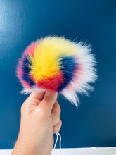 Load image into Gallery viewer, MADE TO ORDER Fun and funky leopard skin print yellow blue white pink faux fur pom pom with wooden button
