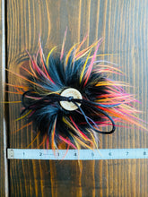 Load image into Gallery viewer, MADE TO ORDER Fun and funky black with long tips of yellow, red, pink, orange and purple faux fur pom pom with wooden button