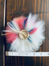 Load image into Gallery viewer, MADE TO ORDER Fun and funky leopard skin print yellow blue white pink faux fur pom pom with wooden button
