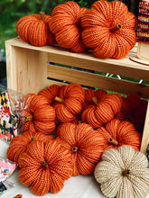 Load image into Gallery viewer, Fall decor knit cute pumpkins it's pumpkin season decoration orange maroon cream gold teal cinnamon stick halloween thanksgiving centerpiece