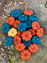 Load image into Gallery viewer, Fall decor knit cute pumpkins it's pumpkin season decoration orange maroon cream gold teal cinnamon stick halloween thanksgiving centerpiece