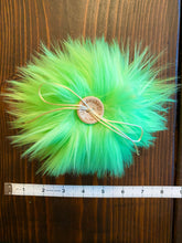 Load image into Gallery viewer, MADE TO ORDER Fun and funky UV reactive glow in the dark neon green faux fur pom pom with wooden button