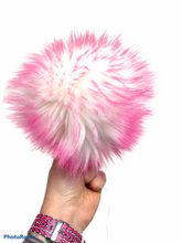 Load image into Gallery viewer, MADE TO ORDER Fun and funky white with hot pink tip faux fur pom pom with wooden button