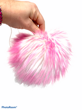 Load image into Gallery viewer, MADE TO ORDER Fun and funky white with hot pink tip faux fur pom pom with wooden button