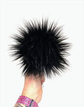 Load image into Gallery viewer, MADE TO ORDER Fun and funky long pile black faux fur pom pom with wooden button