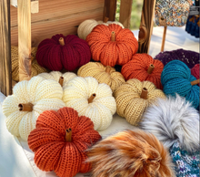 Load image into Gallery viewer, Fall decor knit cute pumpkins it's pumpkin season decoration orange maroon cream gold teal cinnamon stick halloween thanksgiving centerpiece