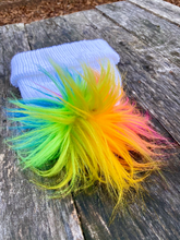 Load image into Gallery viewer, MADE TO ORDER Fun and funky rainbow blue purple hot pink yellow orange green faux fur pom pom with wooden button