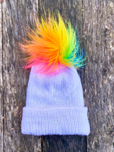 Load image into Gallery viewer, MADE TO ORDER Fun and funky rainbow blue purple hot pink yellow orange green faux fur pom pom with wooden button