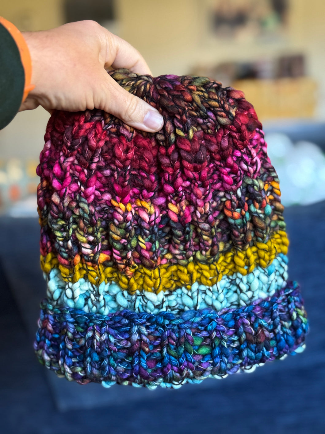 Luxury women's hand knit winter pom beanie warm jewel tones color wool slow fashion gift