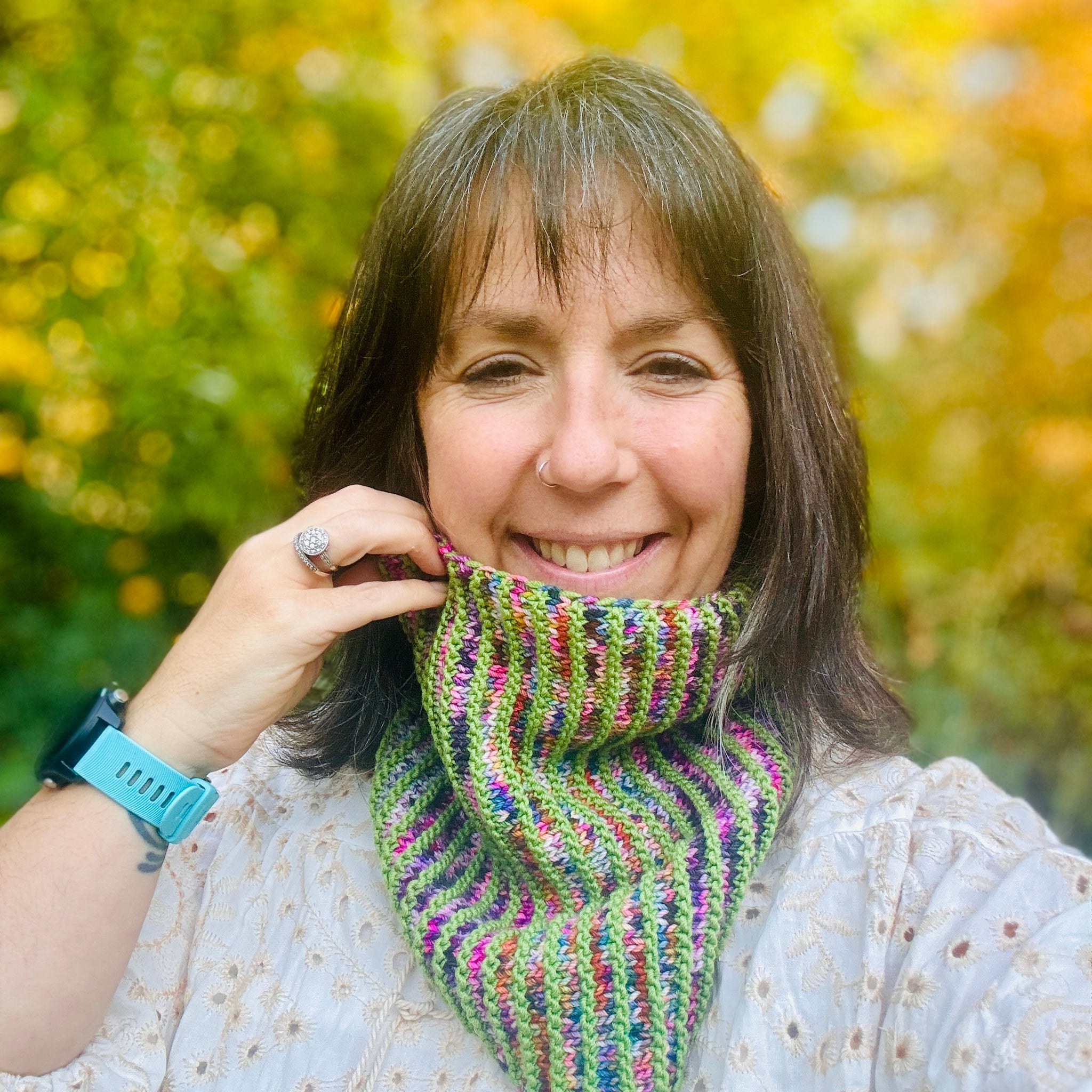 Hand-knit blue and selling gray cowl/infinity scarf in merino wool