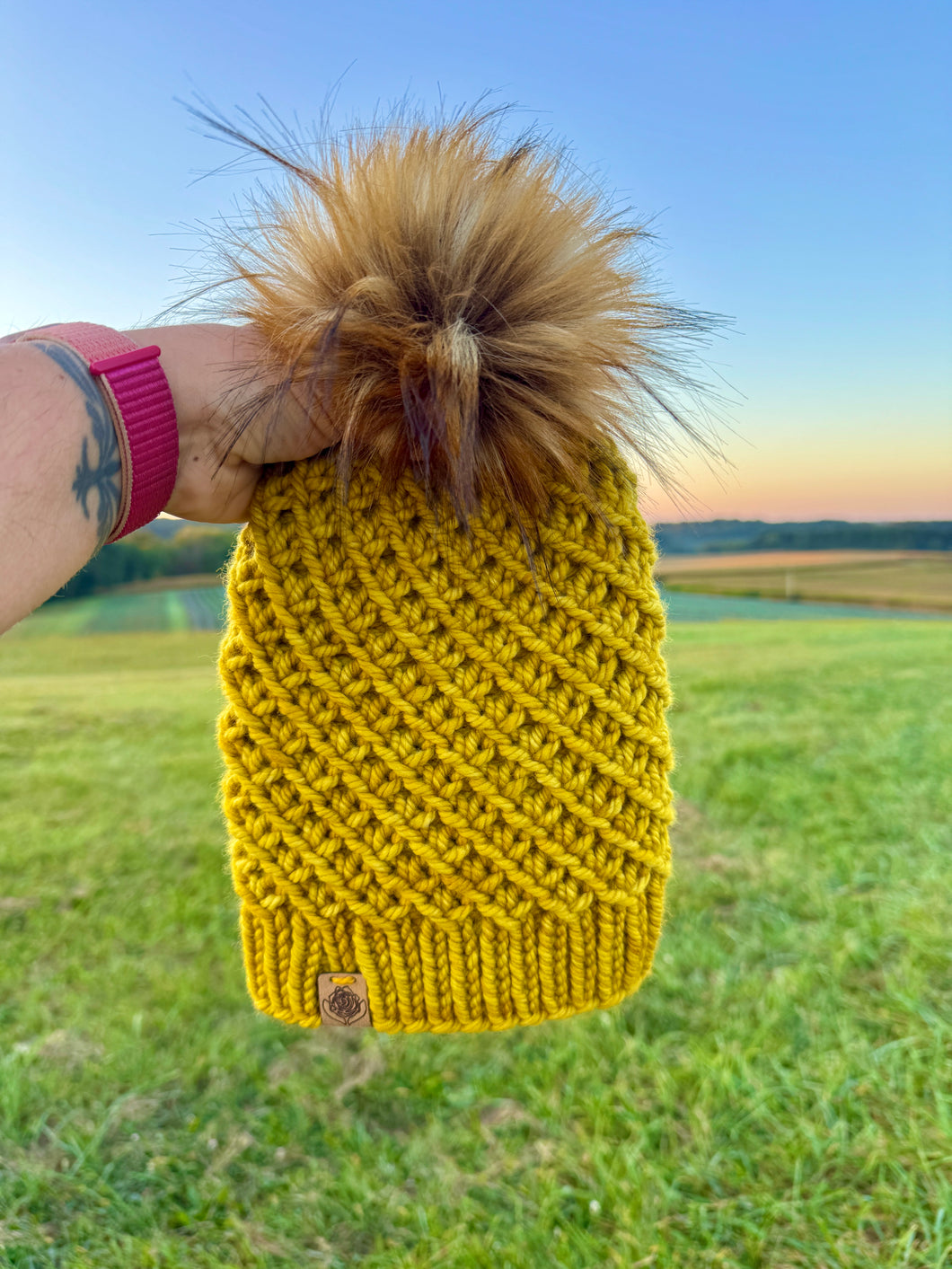 Luxury hand knit 100% merino wool golden womens winter hand knit pom pom hat beanie slow fashion