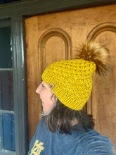 Load image into Gallery viewer, Luxury hand knit 100% merino wool golden womens winter hand knit pom pom hat beanie slow fashion
