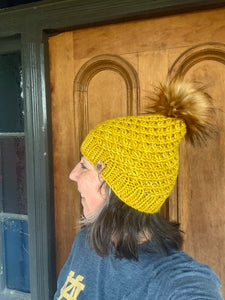 Luxury hand knit 100% merino wool golden womens winter hand knit pom pom hat beanie slow fashion