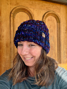 Luxury women's hand knit winter pom beanie purple blue color wool slow fashion gift