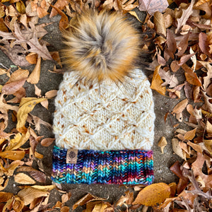 Luxury women's hand knit winter pom beanie texture multicolor fun color wool slow fashion gift
