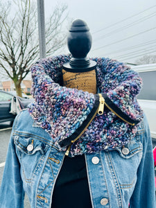 Luxury women's hand knit high fashion winter cowl cozy wool slow fashion gift zipper couture blue purple