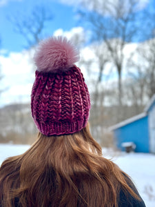 Luxury hand knit 100% pink merino wool womens winter hand knit pom pom hat beanie valentine slow fashion