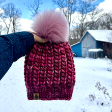 Load image into Gallery viewer, Luxury hand knit 100% pink merino wool womens winter hand knit pom pom hat beanie valentine slow fashion
