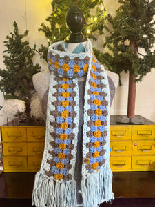 Luxury crocheted wool scarf gorgeous chunky big warm slow fashion baby blue yellow fringe