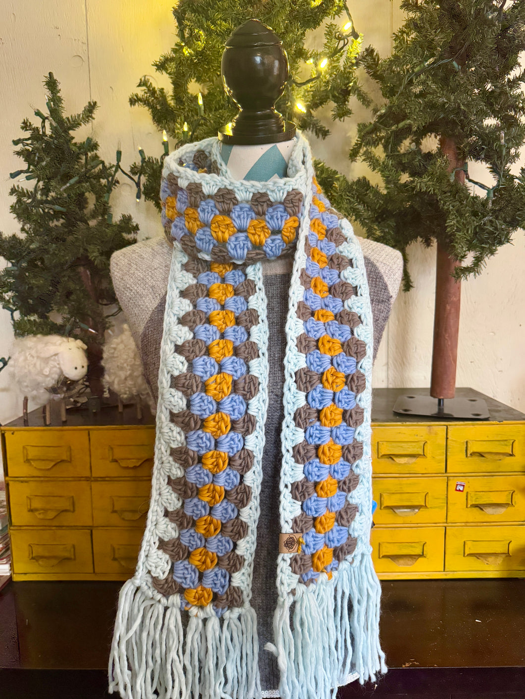 Luxury crocheted wool scarf gorgeous chunky big warm slow fashion baby blue yellow fringe