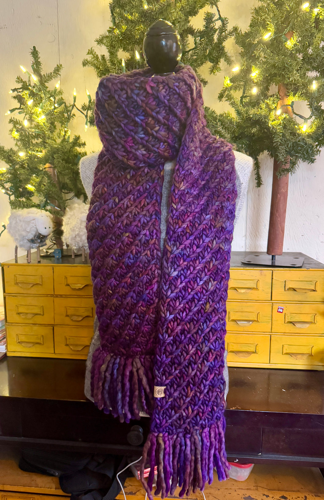 Luxury hand knit scarf gorgeous chunky big warm slow fashion purple fringe