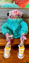 Load image into Gallery viewer, Norman Hand knit frog with sweater posable legs with yellow converse like high tops cute collectible
