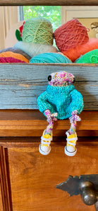Norman Hand knit frog with sweater posable legs with yellow converse like high tops cute collectible