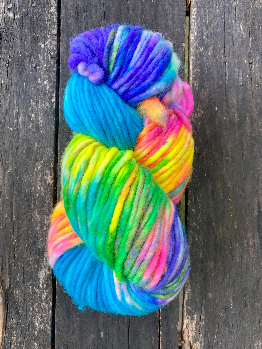 Honey and Clover Knits hand dyed merino wool yarn colorful indie yarn super bulky Rainbow Brite