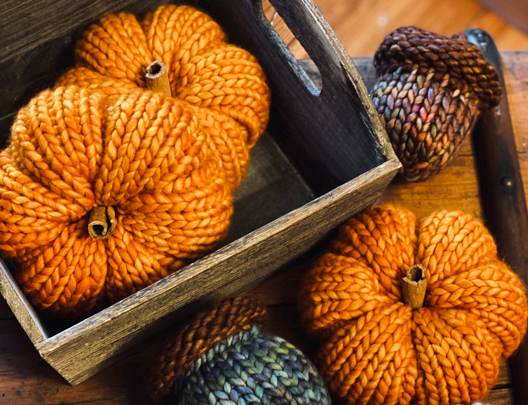 Handknit merino wool fall decor cute pumpkins it's pumpkin season decoration orange cinnamon stick halloween thanksgiving centerpiece