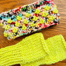 Load image into Gallery viewer, Luxury Hand knit cozy fingerless mittens neon yellow hand dyed merino wool cozy gift
