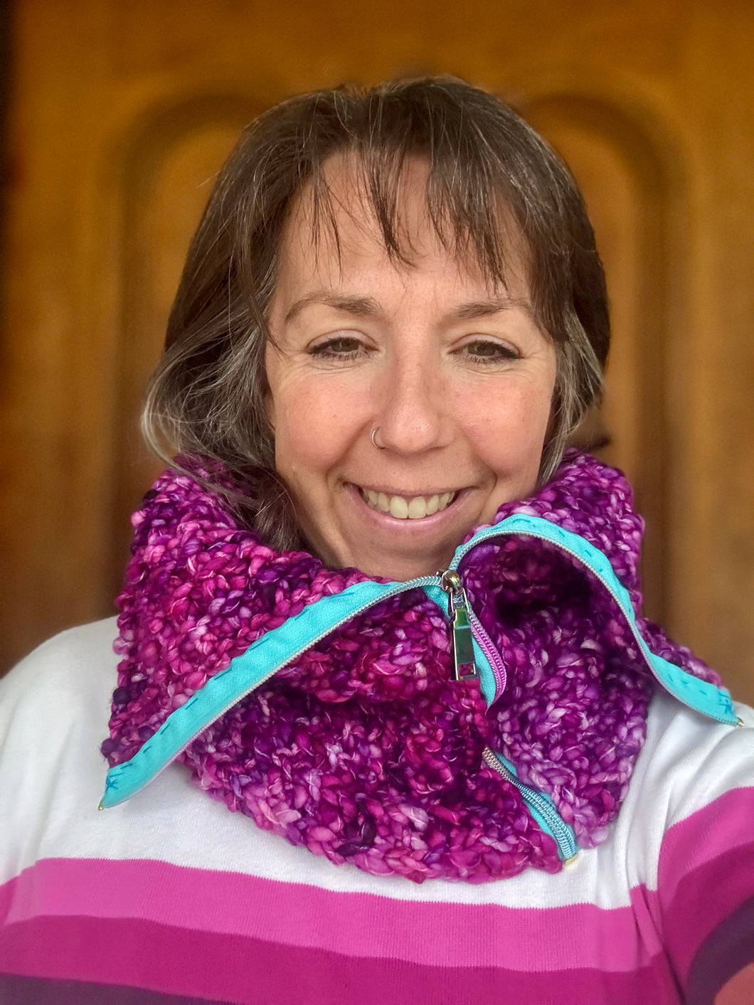 Luxury women's hand knit high fashion winter cowl cozy wool slow fashion gift zipper couture purple