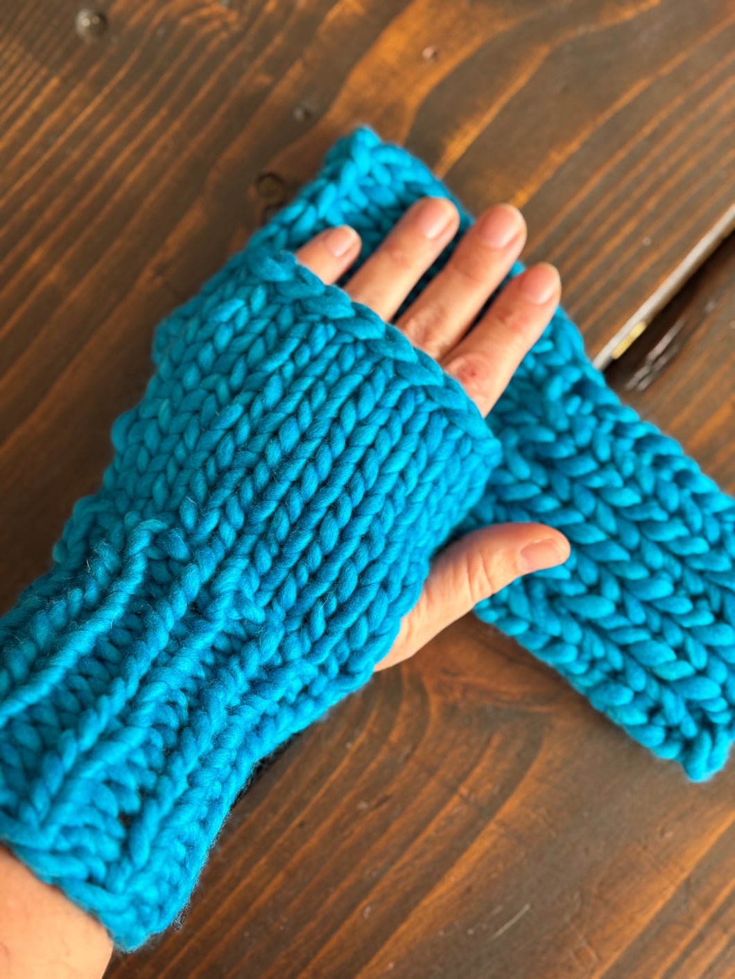 Luxury Hand knit cozy fingerless mittens blue merino wool cozy gift