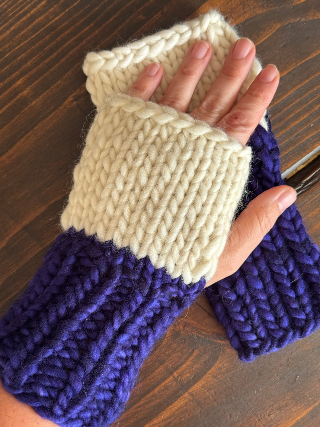 Luxury Hand knit cozy fingerless mittens purple Ravens merino wool cozy gift