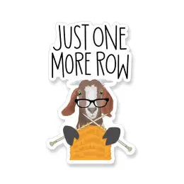 Just one more row knitting goat wearing glasses 3" vinyl sticker knitting gold yellow